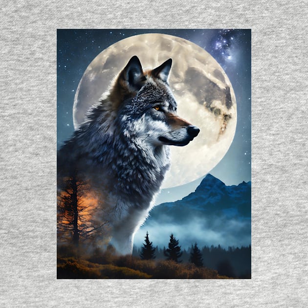 Lunar Symphony: Wolf Double Exposure with Majestic Mountain Silhouette by MBSCREATIVES